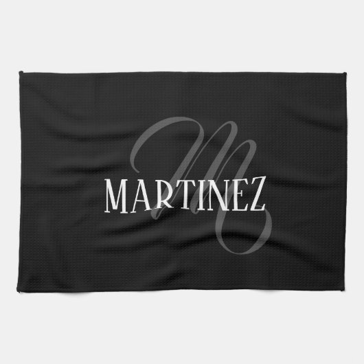 Zwart Elegant gepersonaliseerde achternaam | Naam Theedoek (Horizontaal)