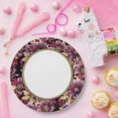 Zwart Elegant Goud Bourgogne Bloemen patroon rand Papieren Bordje (Feest)