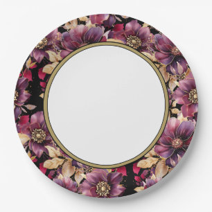 Zwart Elegant Goud Bourgogne Bloemen patroon rand Papieren Bordje