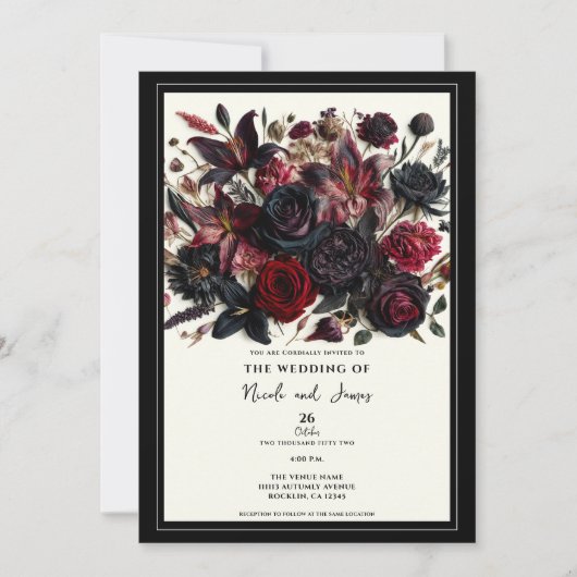 Zwart Elegant Herfst geperst bloemen donker bruilo Kaart (Voorkant)