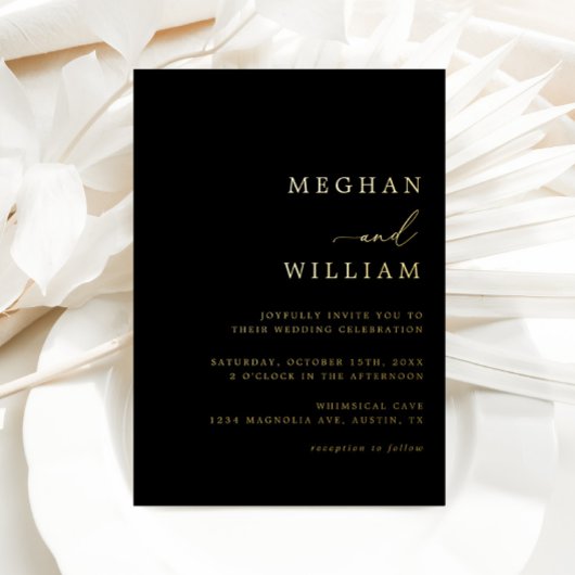 Zwart Elegant Kalligrafie Bruiloft Goud Folie Uitnodiging