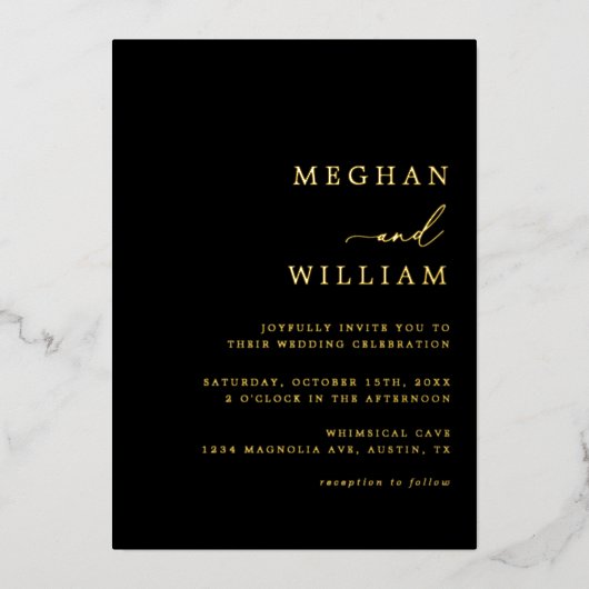 Zwart Elegant Kalligrafie Bruiloft Goud Folie Uitnodiging (Voorkant)