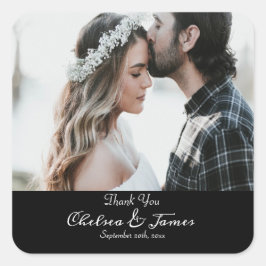 Zwart Elegant Kalligrafie Foto Bruiloft Dank u Vierkante Sticker