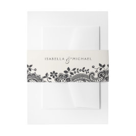 Zwart elegant kant bruiloft monogram uitnodigingen wikkel