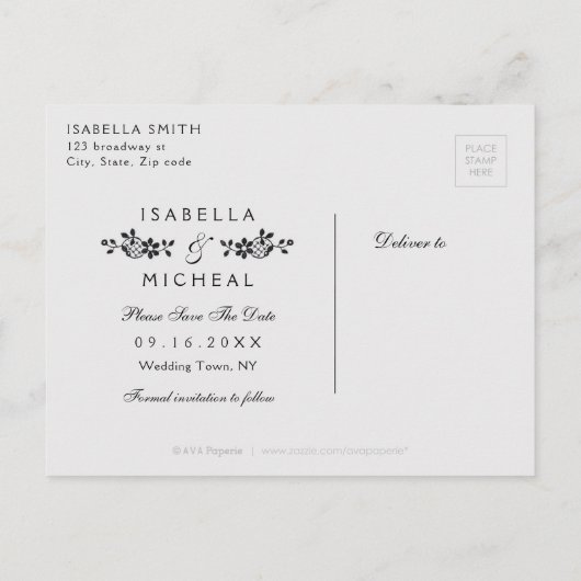 Zwart elegant kanten bruiloft bewaar de datum aankondigingskaart (Achterkant)