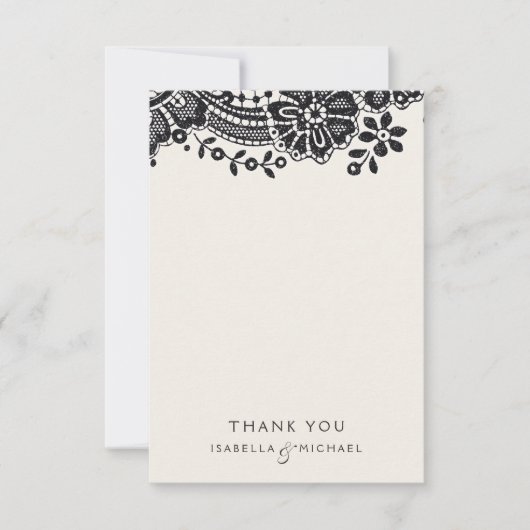 Zwart elegant  kanten bruiloft dank u bedankkaart (Voorkant)