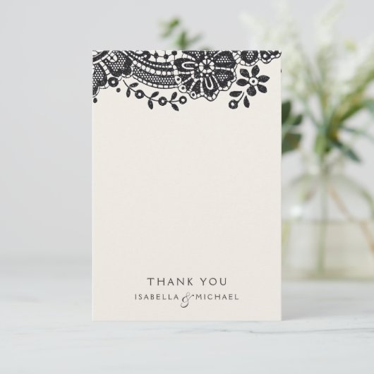 Zwart elegant  kanten bruiloft dank u bedankkaart (Staand voorkant)