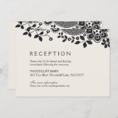 Zwart elegant  kanten bruiloft receptie kaart (Voorkant / Achterkant)