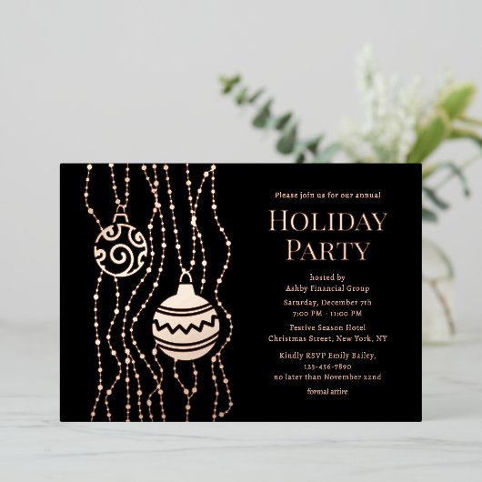 Zwart Elegant Kerstfeest Zakelijke vakantie Folie Uitnodiging (Staand Voorkant)