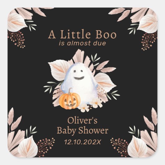 Zwart Elegant Little Boo Boho Ghost Baby shower Vierkante Sticker (Voorkant)