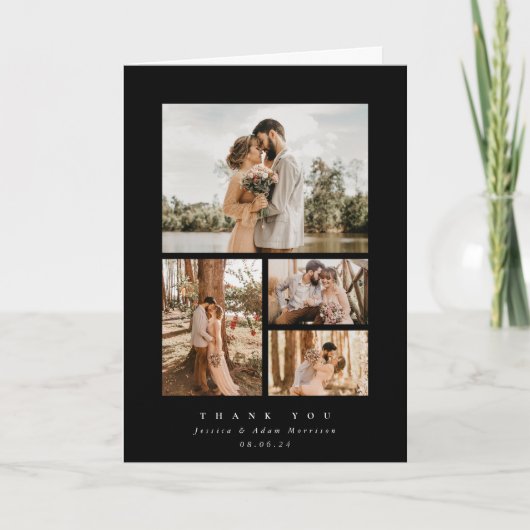 Zwart Elegant Minimaal 4 foto bruiloft Bedankkaart (Voorkant)