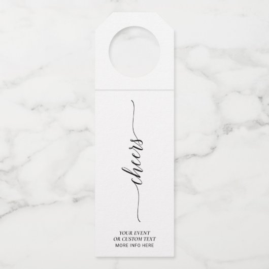 Zwart Elegant Minimaal Script Cheers Party Flessenhanger (Voorkant)