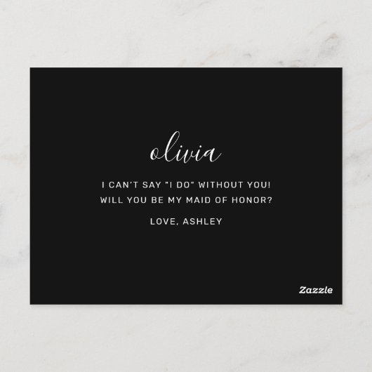 Zwart Elegant Minimalistisch Maid of Honor Voorste Briefkaart (Achterkant)