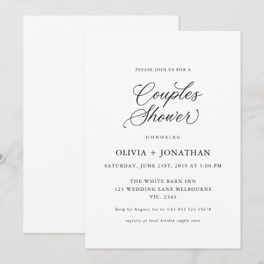 Zwart Elegant Modern Couples Douche Kalligrafie Kaart (Voorkant / Achterkant)