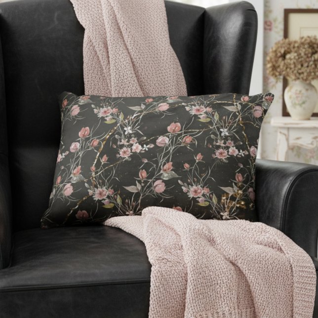 Zwart Elegant Modern Floral Roos Accent Kussen (Creator heeft geüpload)