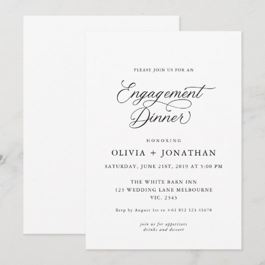 Zwart Elegant Modern Kalligrafie Verloving Diner Kaart (Voorkant / Achterkant)