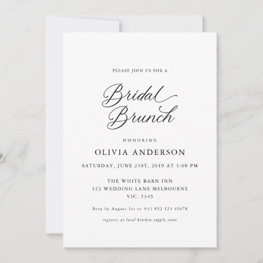 Zwart Elegant Modern Script Bridal Brunch Kaart (Voorkant)