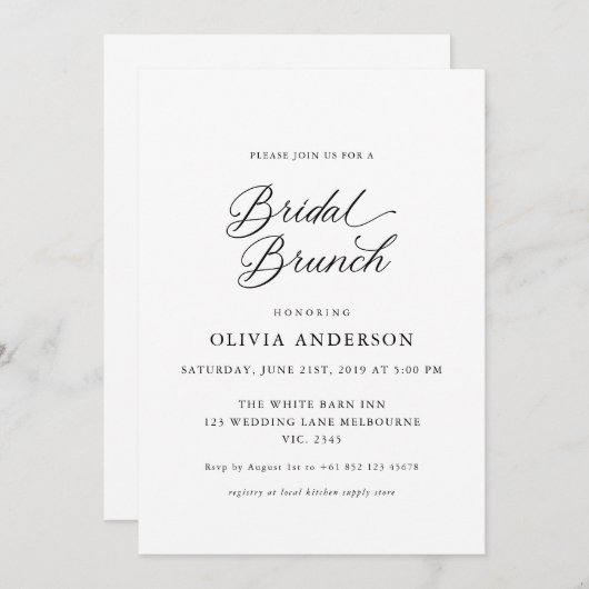 Zwart Elegant Modern Script Bridal Brunch Kaart (Voorkant / Achterkant)