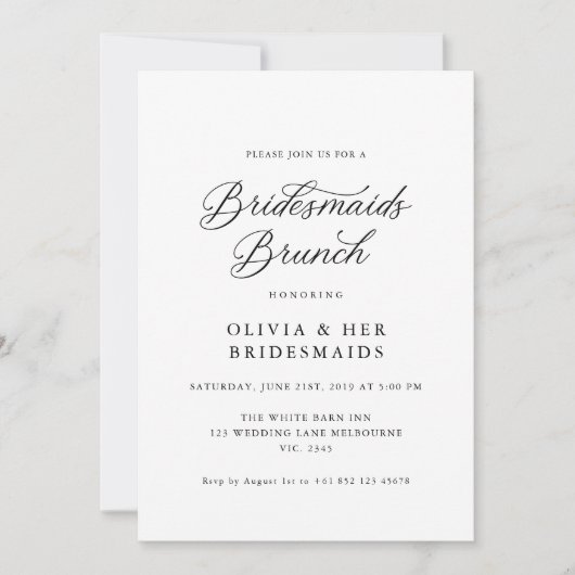 Zwart Elegant Modern Script Bruidsmeisjes Brunch Kaart (Voorkant)