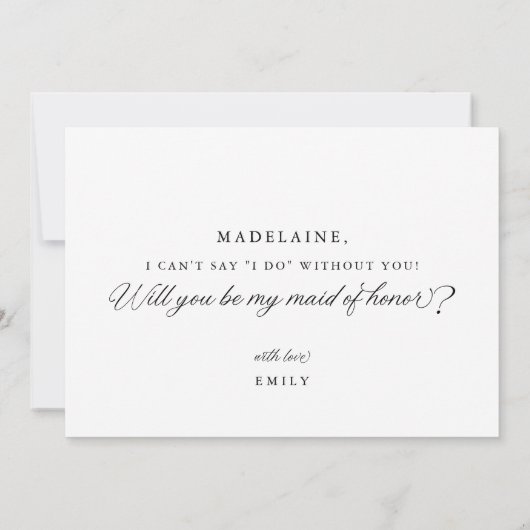 Zwart Elegant Modern Script Maid of Honor Voorstel Kaart (Achterkant)