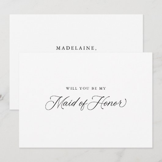 Zwart Elegant Modern Script Maid of Honor Voorstel Kaart (Voorkant / Achterkant)