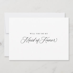 Zwart Elegant Modern Script Maid of Honor Voorstel Kaart
