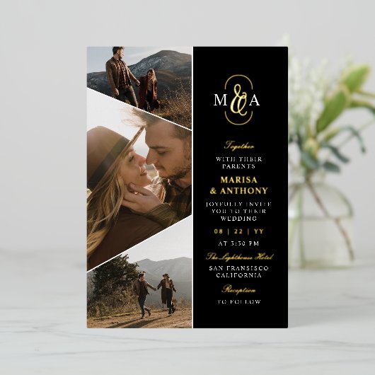 Zwart Elegant Monogram Asymmetrische Foto's Bruilo Folie Uitnodiging (Staand Voorkant)