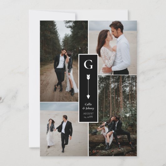 Zwart Elegant Pijl Bruiloft Fotocollage Bedankkaart (Voorkant)