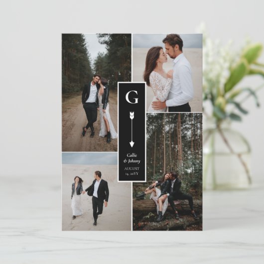 Zwart Elegant Pijl Bruiloft Fotocollage Bedankkaart (Staand voorkant)