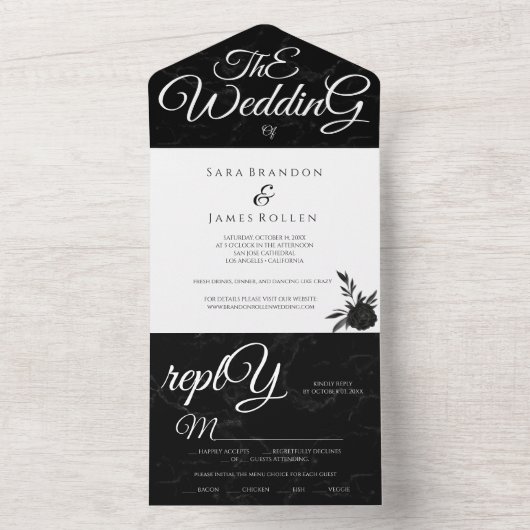 Zwart Elegant Romantische Kalligrafie De bruiloft All In One Uitnodiging (Binnen)