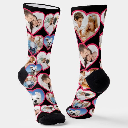 Zwart Elegant Rood Hart Patroon | 5 Fotocollage Sokken (Gebogen)
