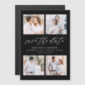 Zwart elegant script 4 Fotocollage bewaart datum Magnetische Uitnodiging (Voorkant / Achterkant)