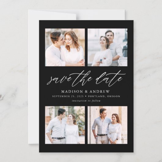 Zwart elegant script 4 Fotocollage bewaart datum Magnetische Uitnodiging (Voorkant)