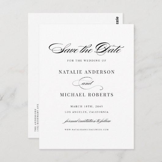 Zwart elegant script de datum opslaan briefkaart (Voorkant / Achterkant)