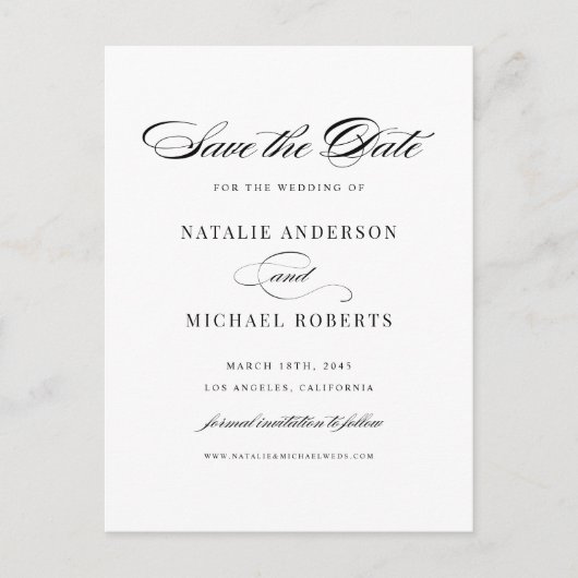 Zwart elegant script de datum opslaan briefkaart (Voorkant)