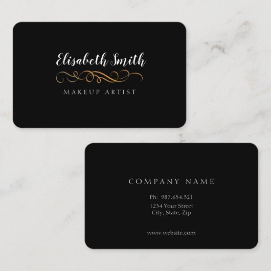 Zwart, elegant script dubbelzijdig visitekaartje (Voorkant / Achterkant)