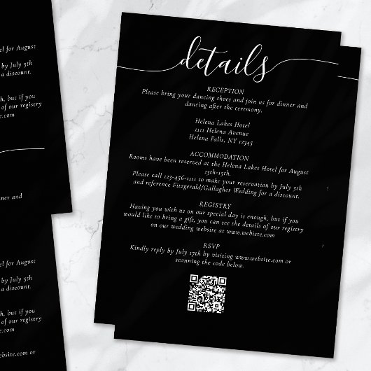 Zwart Elegant Script Eenvoudige bruiloft Details Informatiekaartje