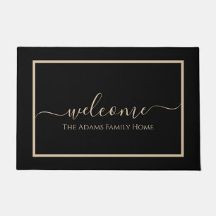 Zwart Elegant Script Familienaam Welkom Deurmat