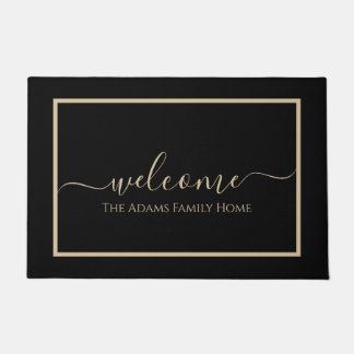 Zwart Elegant Script Familienaam Welkom Deurmat