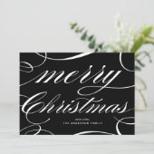 Zwart Elegant Script Flourish Merry Christmas Feestdagenkaart (Staand voorkant)