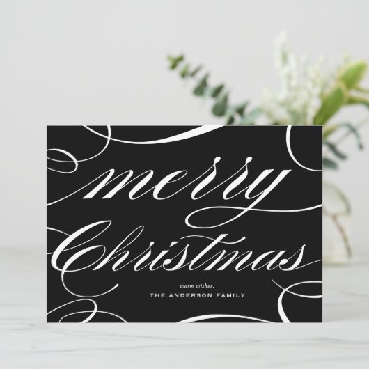 Zwart Elegant Script Flourish Merry Christmas Feestdagenkaart (Staand voorkant)
