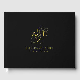 Zwart Elegant Script Monogram Classic Wedding Gastenboek
