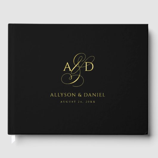Zwart Elegant Script Monogram Classic Wedding Gastenboek (Voorkant)