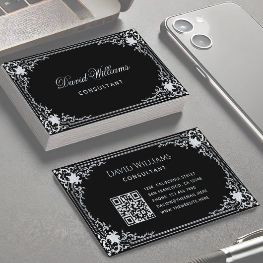 Zwart  Elegant Script QR Code Calligrafie Visitekaartje