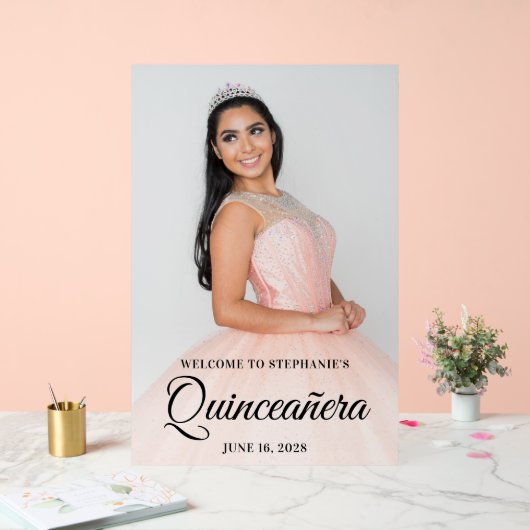 Zwart Elegant Script Quinceañera Foto Acryl Bord (Huwelijk)