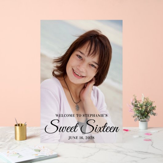 Zwart Elegant Script Sweet Sixteen Foto Acryl Bord (Huwelijk)