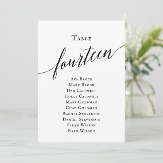 Zwart Elegant Script Tabel Nummer 14 Zitplaatsen G Kaart (Staand voorkant)