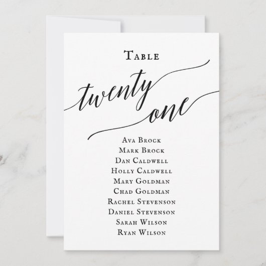 Zwart Elegant Script Tabel Nummer 21 Zitting Grafi Kaart (Voorkant)