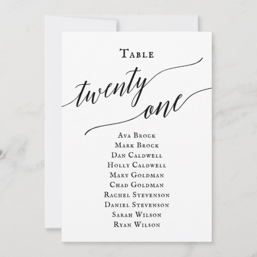 Zwart Elegant Script Tabel Nummer 21 Zitting Grafi Kaart (Achterkant)