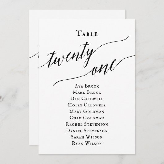 Zwart Elegant Script Tabel Nummer 21 Zitting Grafi Kaart (Voorkant / Achterkant)